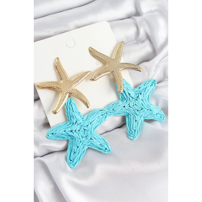 Erb Pirinç Sallantılı Turkuaz Deniz Yıldızı Model Gold Renk Hasır Küpe