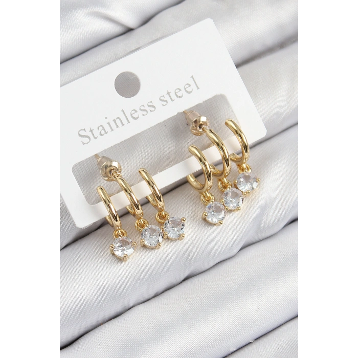 Erb Pirinç Sallantılı Zirkon Taşlı Model Gold Renk Kadın Küpe