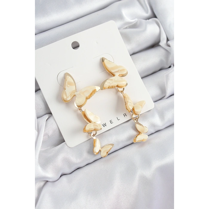 Erb Pirinç Sedef Sallantılı Mermer Desenli Kelebek Model Gold Renk Vintage Kadın Küpe