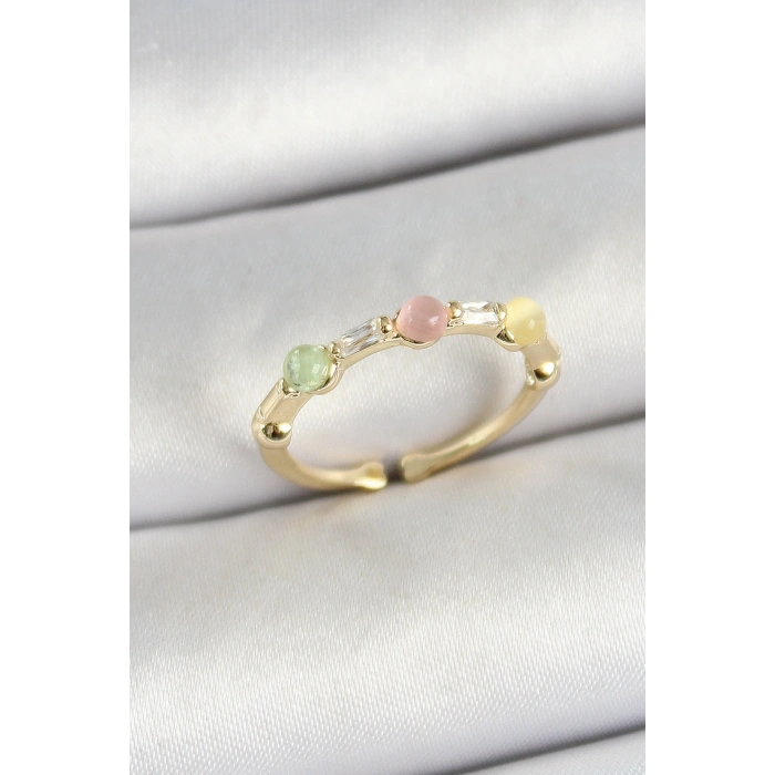 Erb Pirinç Sıralı Boncuk Figürlü Zirkon Taşlı Gold Renk Ayarlanabilir Kadın Yüzük