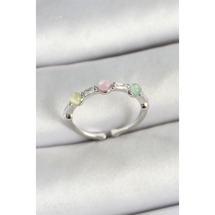 Erb Pirinç Sıralı Boncuk Figürlü Zirkon Taşlı Gümüş Renk Ayarlanabilir Kadın Yüzük