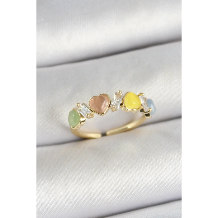 Erb Pirinç Sıralı Kalp Figürlü Zirkon Taşlı Gold Renk Ayarlanabilir Kadın Yüzük