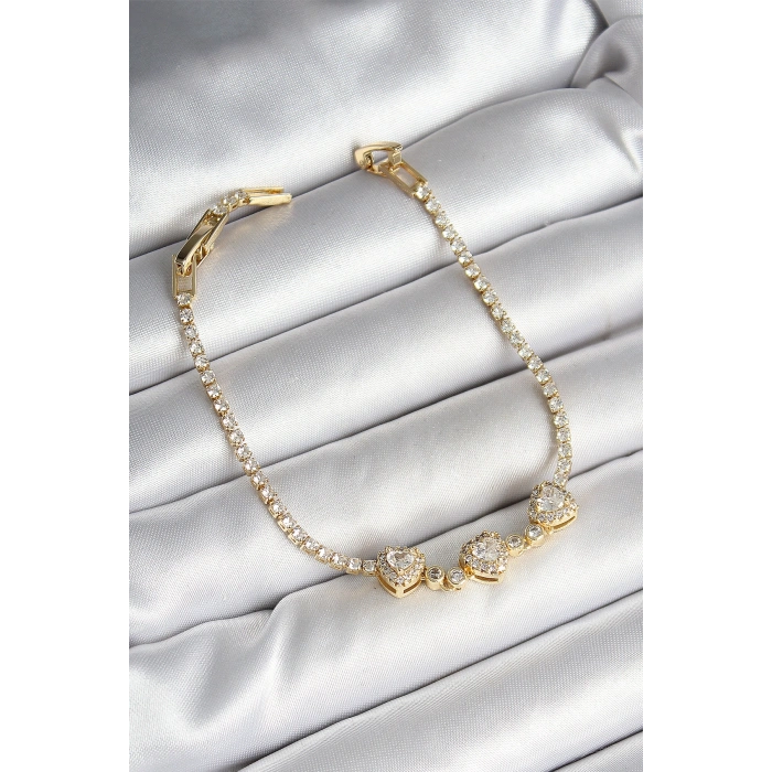 Erb Pirinç Sıralı Kalp Figürlü Zirkon Taşlı Gold Renk Kadın Bileklik
