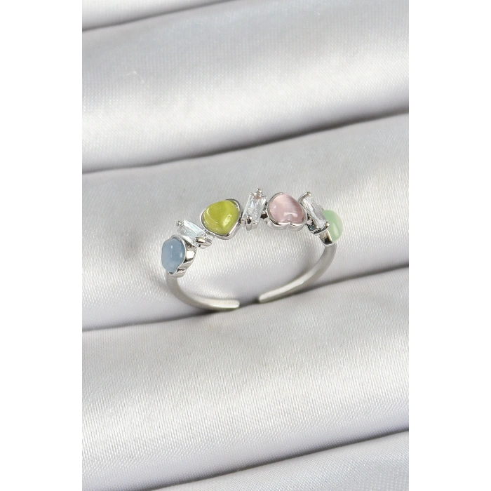 Erb Pirinç Sıralı Kalp Figürlü Zirkon Taşlı Gümüş Renk Ayarlanabilir Kadın Yüzük