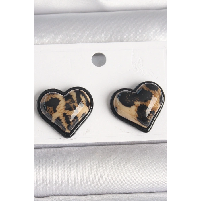 Erb Pirinç Siyah Renk Leopar Desen 3D Kalp Model Kadın Küpe