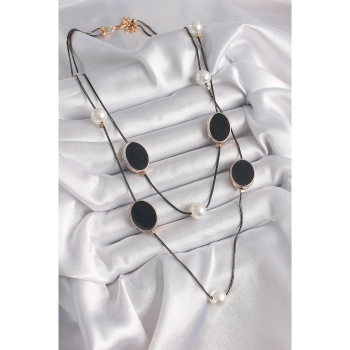 Erb Pirinç Siyah Renk Zincir İnci Detaylı Çoklu Kadın Kolye