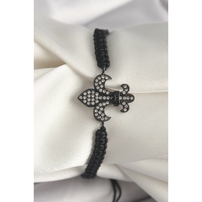 Erb Pirinç Siyah Renk Zirkon Taşlı Zambak Figür Asansörlü Makrome Model Kadın Bileklik