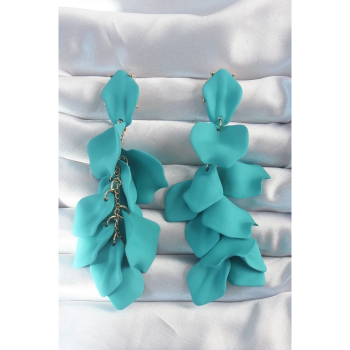 Erb Pirinç Turkuaz Renk Sallantılı Yaprak Model Küpe