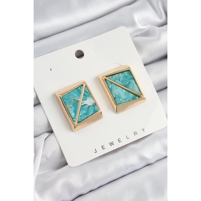 Erb Pirinç Turkuaz Üçgen Kesim Detaylı Kare Model Vintage Gold Renk Kadın Küpe