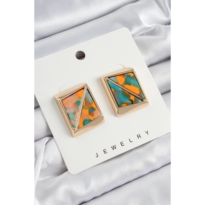 Erb Pirinç  Turuncu Yeşil Üçgen Kesim Detaylı Kare Model Vintage Gold Renk Kadın Küpe