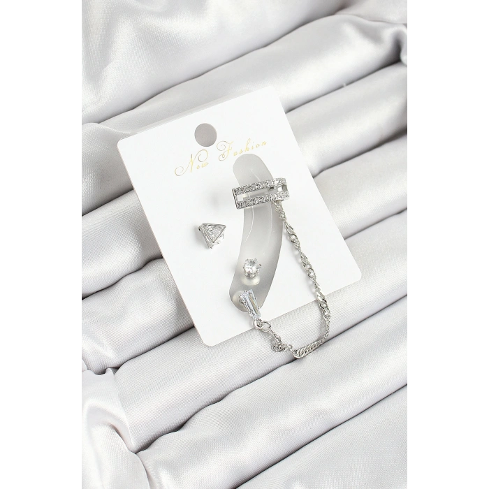 Erb Pirinç Üçgen Figürlü Zirkon Taşlı Gümüş Renk 3'lü Kıkırdak Kadın Küpe Set