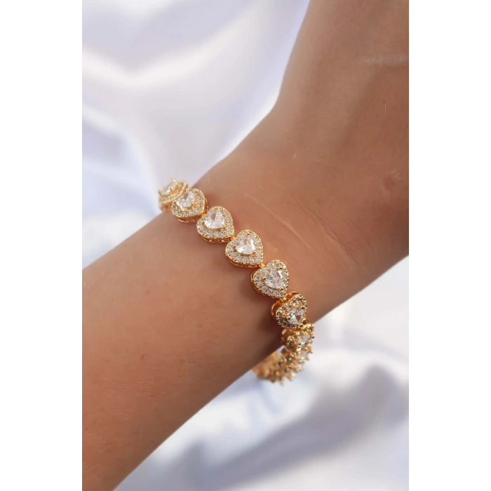 Erb Pirinç Vip Seri Gold Renk Zirkon Taşlı Kalp Model Bileklik