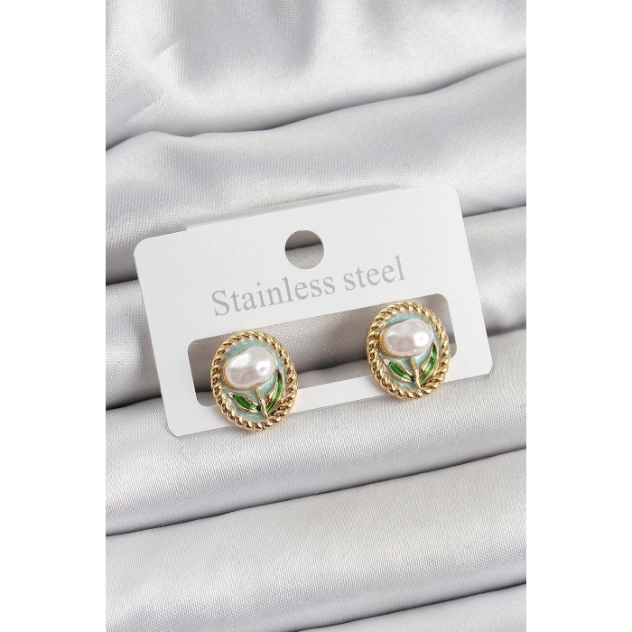 Erb Pirinç Yeşil Mineli Lale Figürlü Sanatsal Portre Model Gold Renk Kadın Küpe