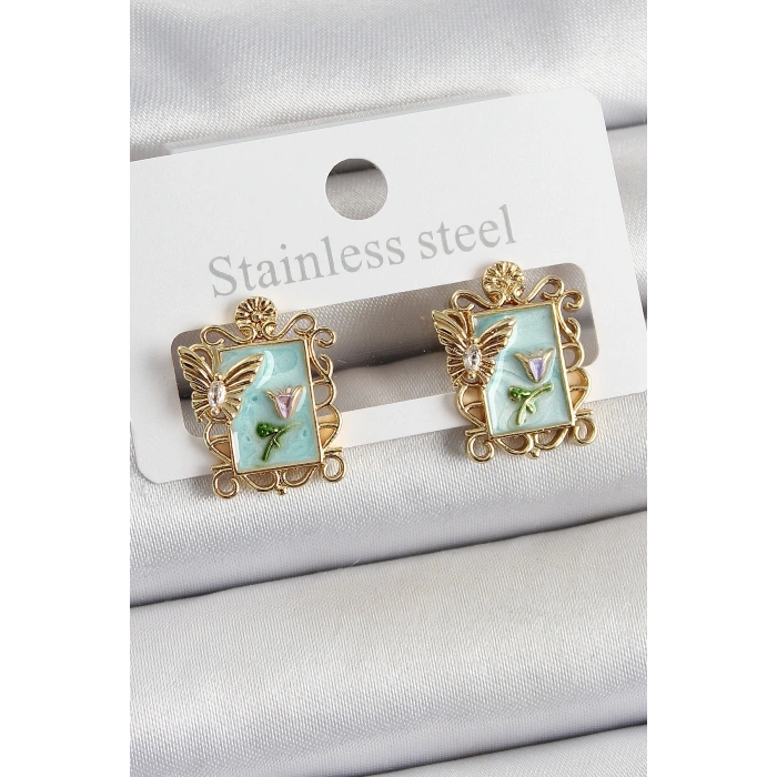 Erb Pirinç Yeşil Mineli Sanatsal Portre Model Gold Renk Kadın Küpe