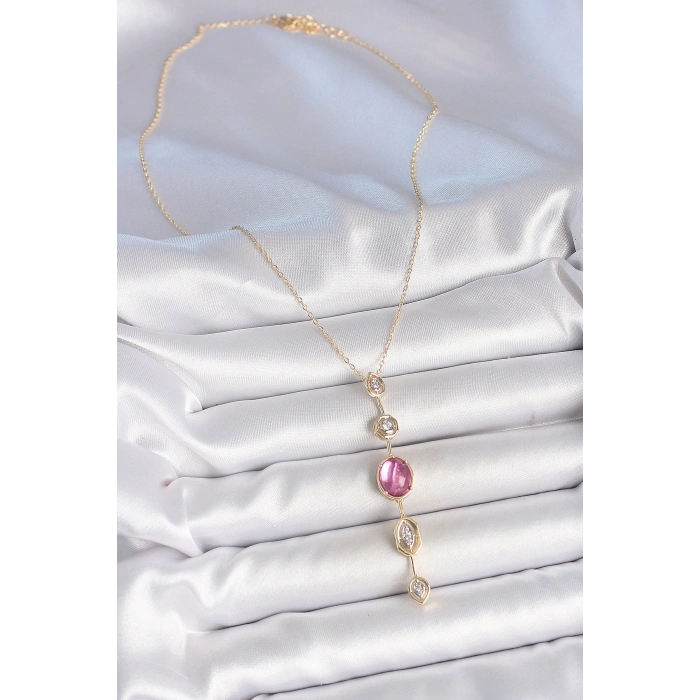 Erb Pirinç Zincir Gold Renk Pembe Zirkon Taşlı Y Kolye