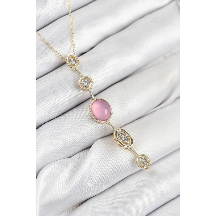 Erb Pirinç Zincir Pembe Gold Renk Zirkon Taşlı Y Kolye