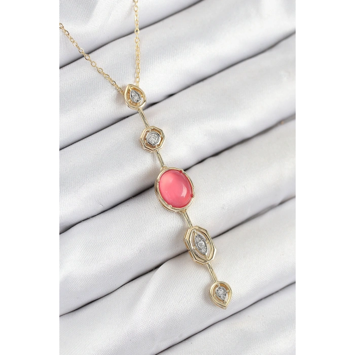Erb Pirinç Zincir Pembe Gold Renk Zirkon Taşlı Y Kolye