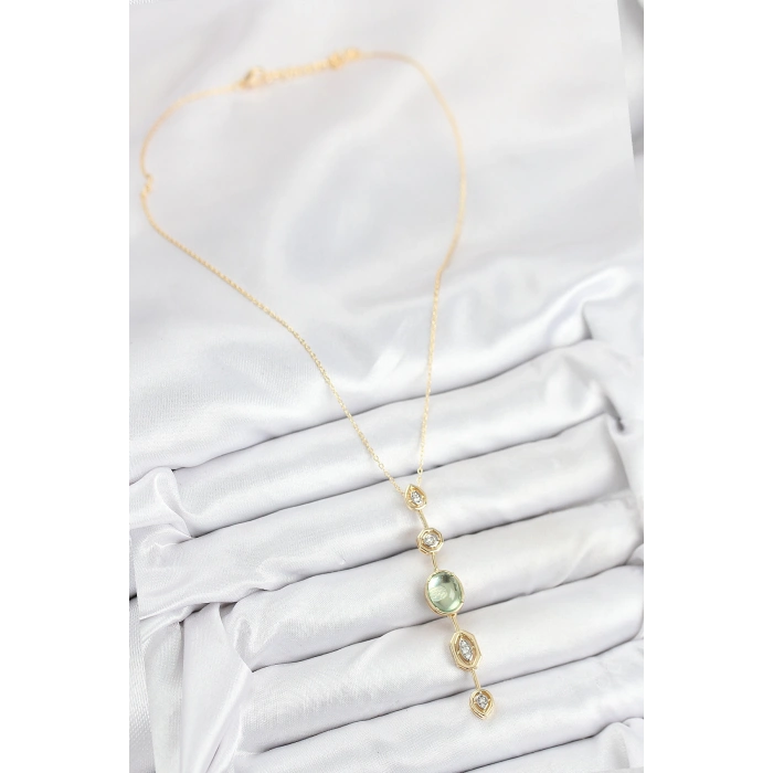Erb Pirinç Zincir Yeşil Gold Renk Zirkon Taşlı Y Kolye
