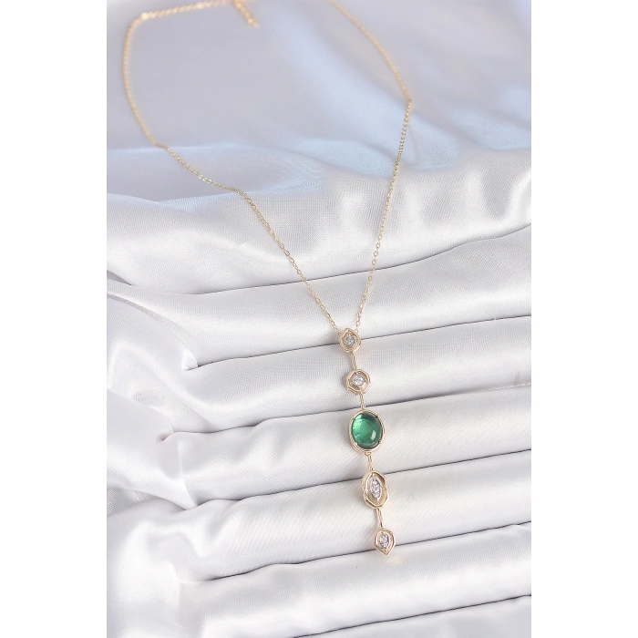 Erb Pirinç Zincir Zümrüt Yeşil Gold Renk Zirkon Taşlı Y Kolye