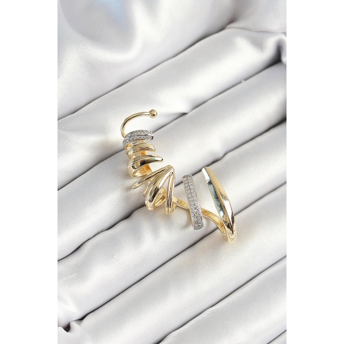 Erb Pirinç Zirkon Taş Kaplamalı Sarmal Figürlü Gold Renk Kadın Sağ Kıkırdak Küpe