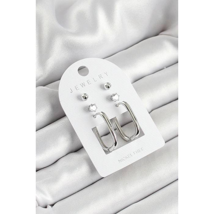 Erb Pirinç Zirkon Taş Ve Dikdörtgen Figürlü Gümüş Renk 3'lü Çift Kadın Küpe Set