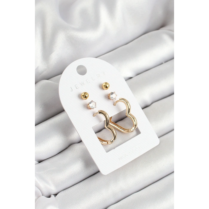 Erb Pirinç Zirkon Taş Ve Kalp Figürlü Gold Renk 3'lü Çift Kadın Küpe Set