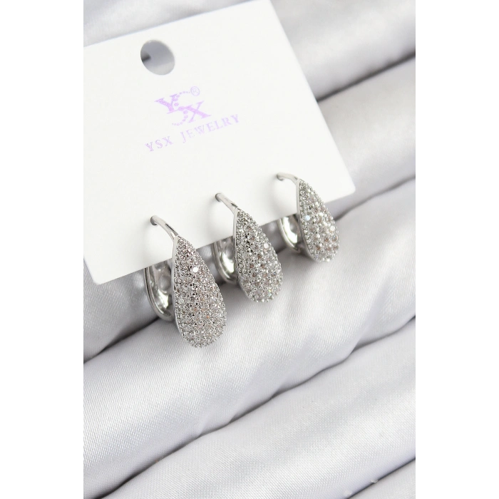 Erb Pirinç Zirkon Taşlı 3'lü Damla Model Gümüş Renk Kadın Küpe