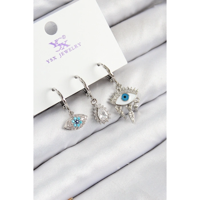 Erb Pirinç Zirkon Taşlı 3'lü Fatma'nın Gözü Model Gümüş Renk Kadın Küpe