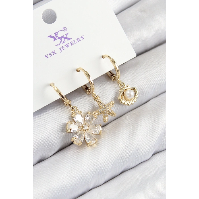 Erb Pirinç Zirkon Taşlı 3'lü İstiridye Ve Çiçek Model Gold Renk Kadın Küpe