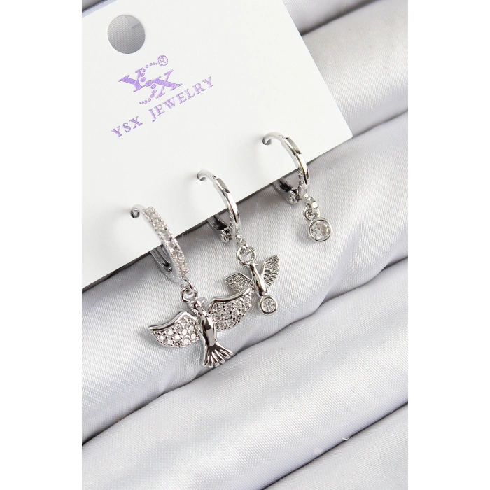 Erb Pirinç Zirkon Taşlı 3'lü Kuş Model Gümüş Renk Kadın Küpe