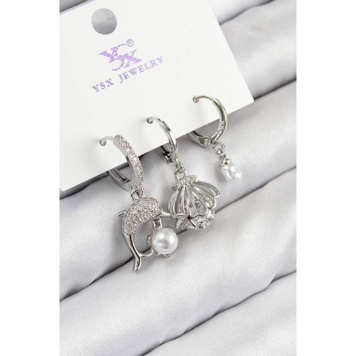 Erb Pirinç Zirkon Taşlı 3'lü Yunus Balığı Ve İstiridye Model Gümüş Renk Kadın Küpe