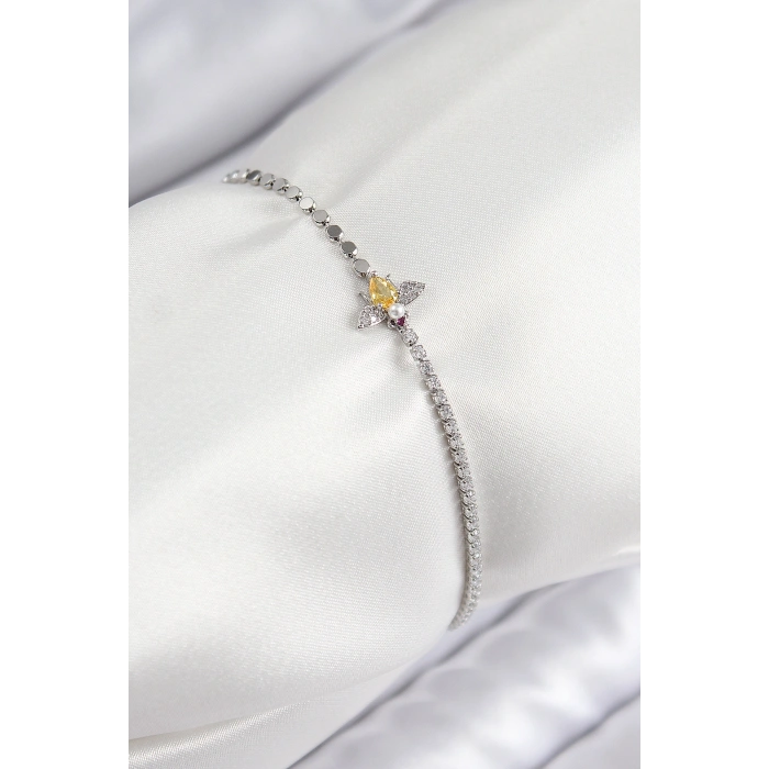 Erb Pirinç Zirkon Taşlı Arı Model Ezme Zincir Gümüş Renk Kadın Bileklik