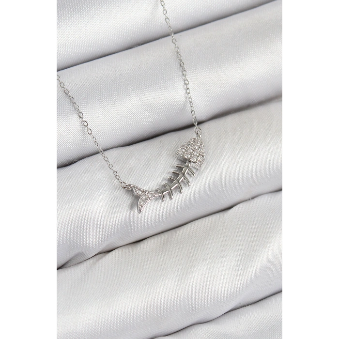 Erb Pirinç Zirkon Taşlı Balık Kılçığı Model Gümüş Renk Kadın Kolye