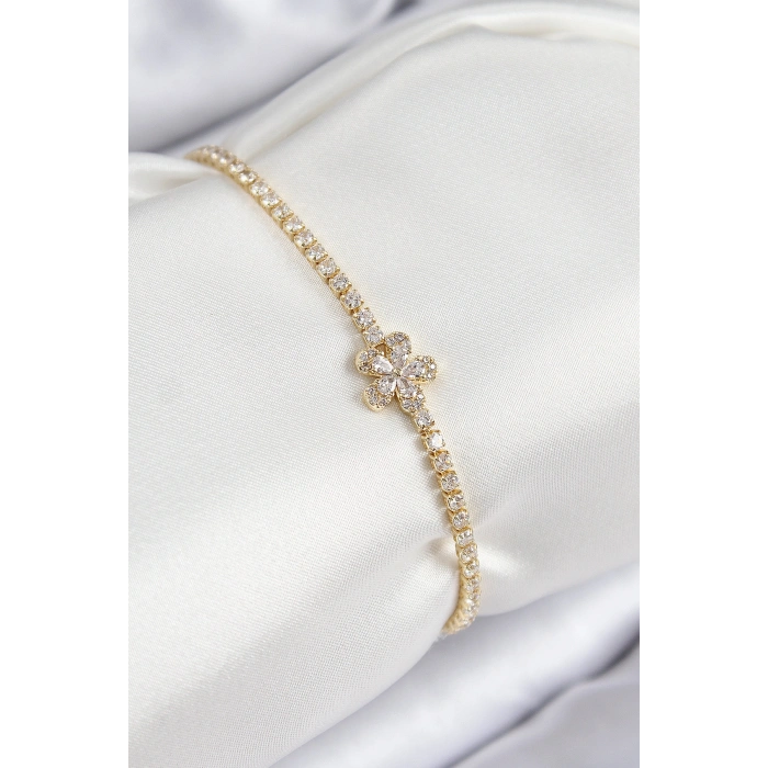 Erb Pirinç Zirkon Taşlı Çiçek Model Gold Renk Kadın Bileklik