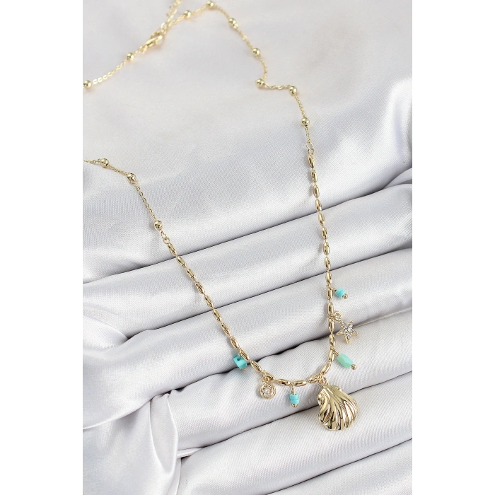 Erb Pirinç Zirkon Taşlı Deniz Kabuğu Model Gold Renk Kadın Kolye