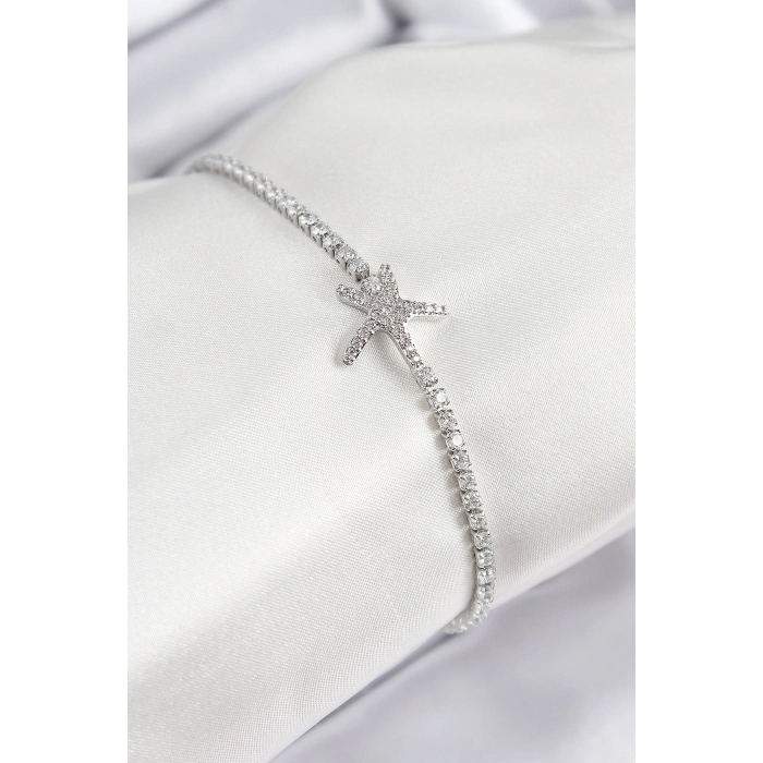 Erb Pirinç Zirkon Taşlı Deniz Yıldızı Model Gümüş Renk Kadın Bileklik