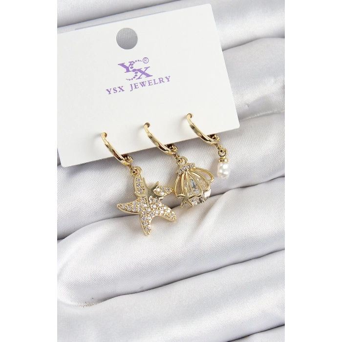 Erb Pirinç Zİrkon Taşlı Deniz Yıldızı Ve İstiridye Model Gold Renk 3'lü Kadın Küpe