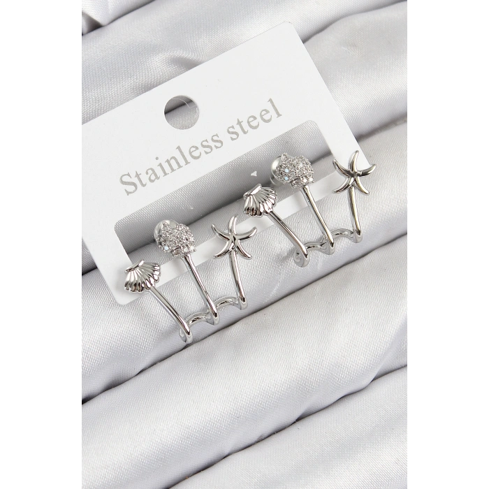 Erb Pirinç Zirkon Taşlı Deniz Yıldızı Ve İstiridye Model Gümüş Renk Kadın Küpe