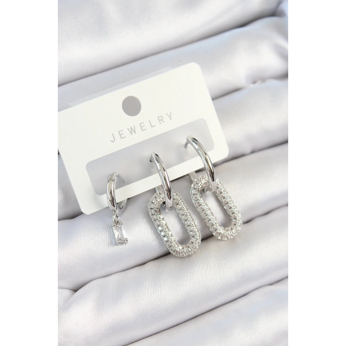 Erb Pirinç Zirkon Taşlı Dikdörtgen Model Gümüş Renk 3'lü Çift Kadın Küpe Set