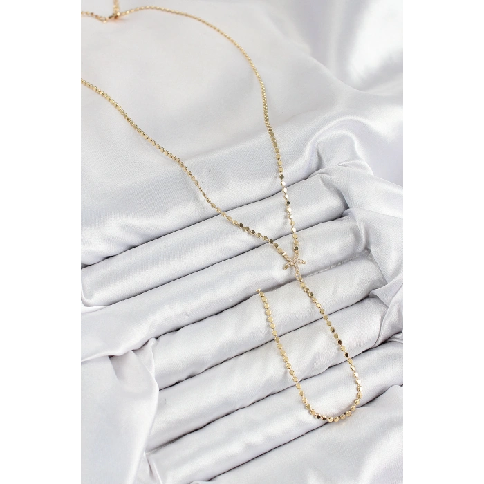 Erb Pirinç Zirkon Taşlı Ezme Zincirli Deniz Yıldızı Model Gold Renk Y Kolye