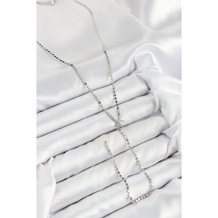 Erb Pirinç Zirkon Taşlı Ezme Zincirli Deniz Yıldızı Model Gümüş Renk Y Kolye