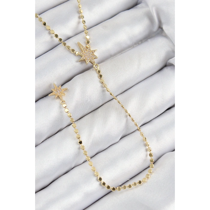 Erb Pirinç Zirkon Taşlı Ezme Zincirli Kutup Yıldızı Model Gold Renk Y Kolye