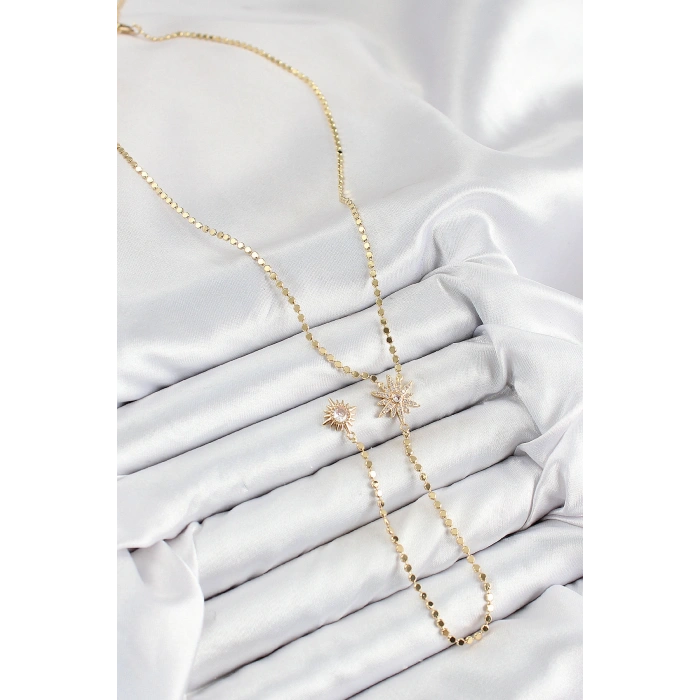 Erb Pirinç Zirkon Taşlı Ezme Zincirli Kutup Yıldızı Model Gold Renk Y Kolye