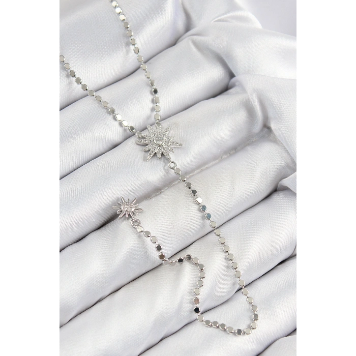 Erb Pirinç Zirkon Taşlı Ezme Zincirli Kutup Yıldızı Model Gümüş Renk Y Kolye