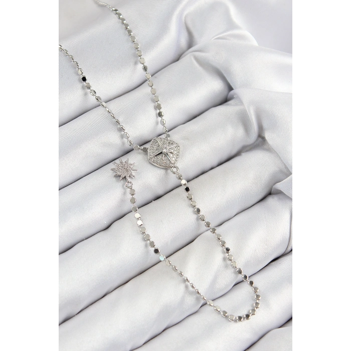 Erb Pirinç Zirkon Taşlı Ezme Zincirli Madalyon Model Gümüş Renk Y Kolye