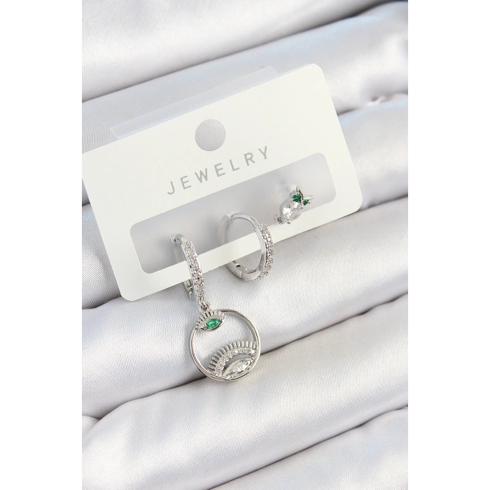 Erb Pirinç Zirkon Taşlı Göz Ve Baykuş Model Gümüş Renk 3'lü Çift Kadın Küpe Set