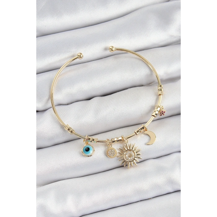 Erb Pirinç Zirkon Taşlı Güneş Ay Nazar Model Gold Renk Charm Bileklik