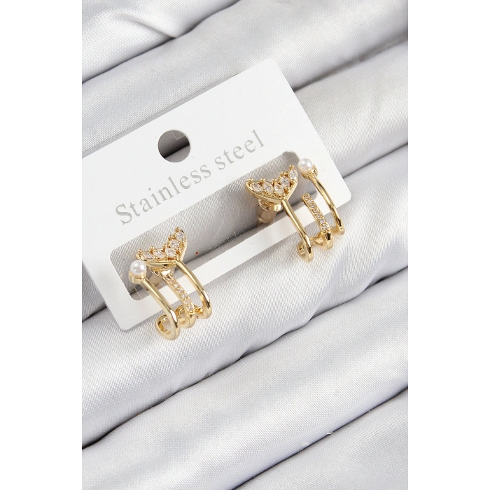 Erb Pirinç Zirkon Taşlı İnci Detaylı Balık Kuyruğu Model Gold Renk Kadın Küpe