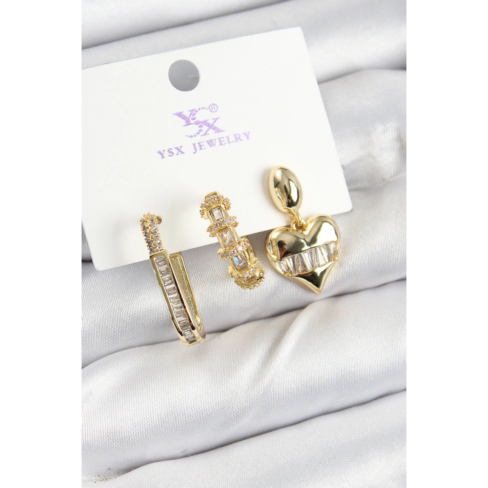 Erb Pirinç Zİrkon Taşlı Kalp Model Gold Renk 3'lü Kadın Küpe