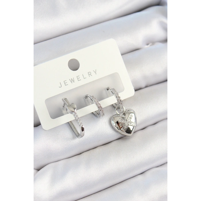 Erb Pirinç Zirkon Taşlı Kalp Model Gümüş Renk 3'lü Çift Kadın Küpe Set